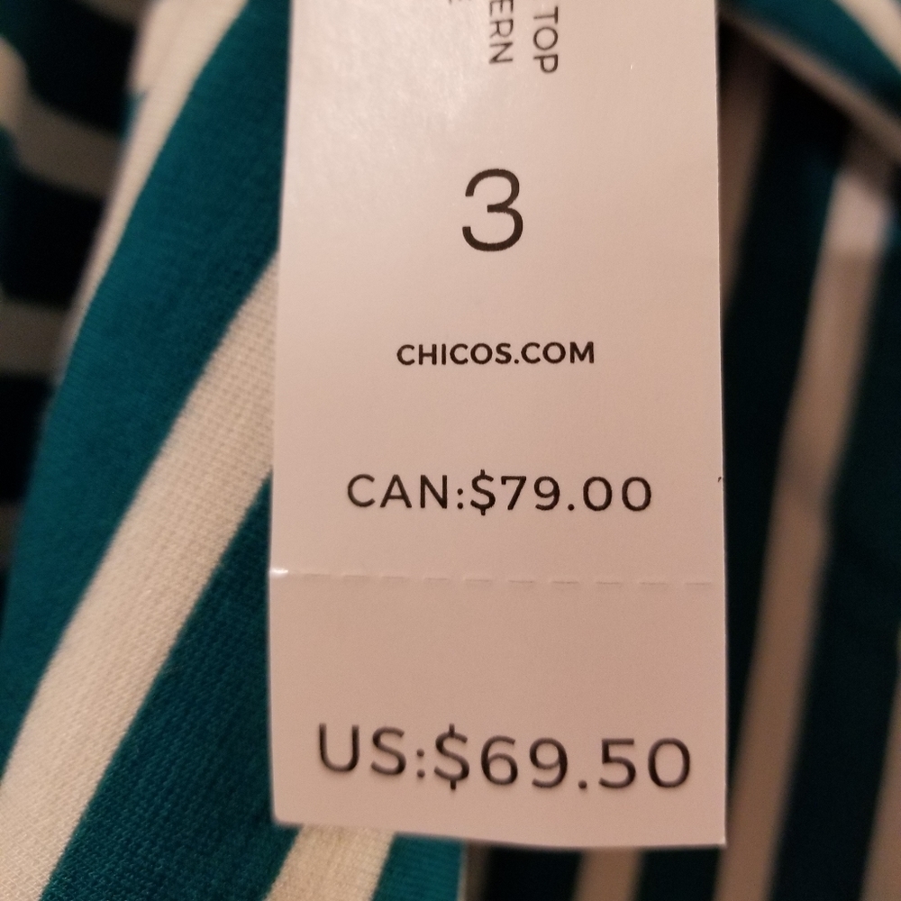 CHICO'S TOP MIXED STRIPE PONTE JADE  & WHITE NEW WITH TAGS - Picture 2 of 7